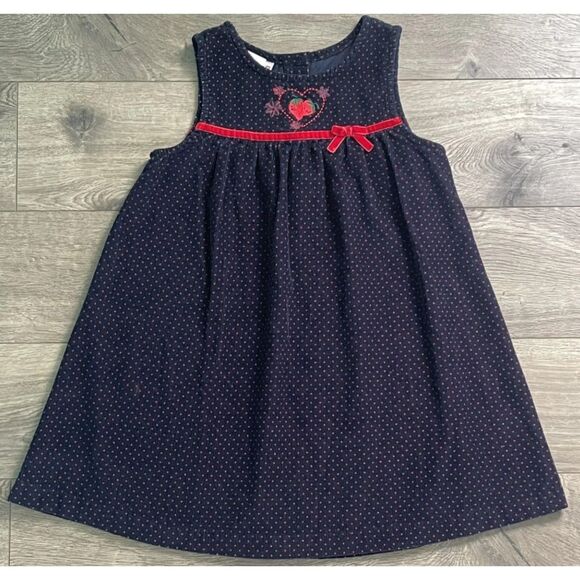Girls Sz 4 Toddler Embroidered Strawberry & Polka Dot Soft Corduroy Cotton Dress - Picture 1 of 3